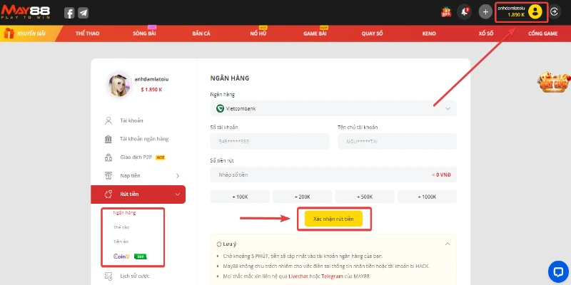 Hướng dẫn quy trình rút tiền May88 về tài khoản an toàn Hướng dẫn quy trình rút tiền May88 về tài khoản an toàn